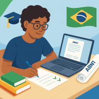 Comprar trabalhos acadêmicos com formatação ABNT — estudante brasileira estudando no notebook com checklist e livros