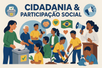 Cidadania e participação social no Brasil — pessoas votando, debatendo e cuidando do meio ambiente