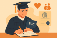 Estudante graduado escreve agradecimentos do TCC; pasta TCC ao peito e certificado ABNT ao fundo.