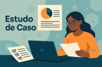 Estudo de caso: estudante brasileira analisando dados no laptop com gráfico e checklist