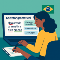 Corretor gramatical online: estudante revisando texto no notebook com sugestões de correção em português