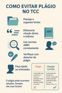 Infográfico em português mostrando como evitar plágio no TCC: planejar fontes, diferenciar citação direta e indireta, usar normas ABNT, checar com detector de plágio, pedir orientação e comparação entre plágio e citação correta.