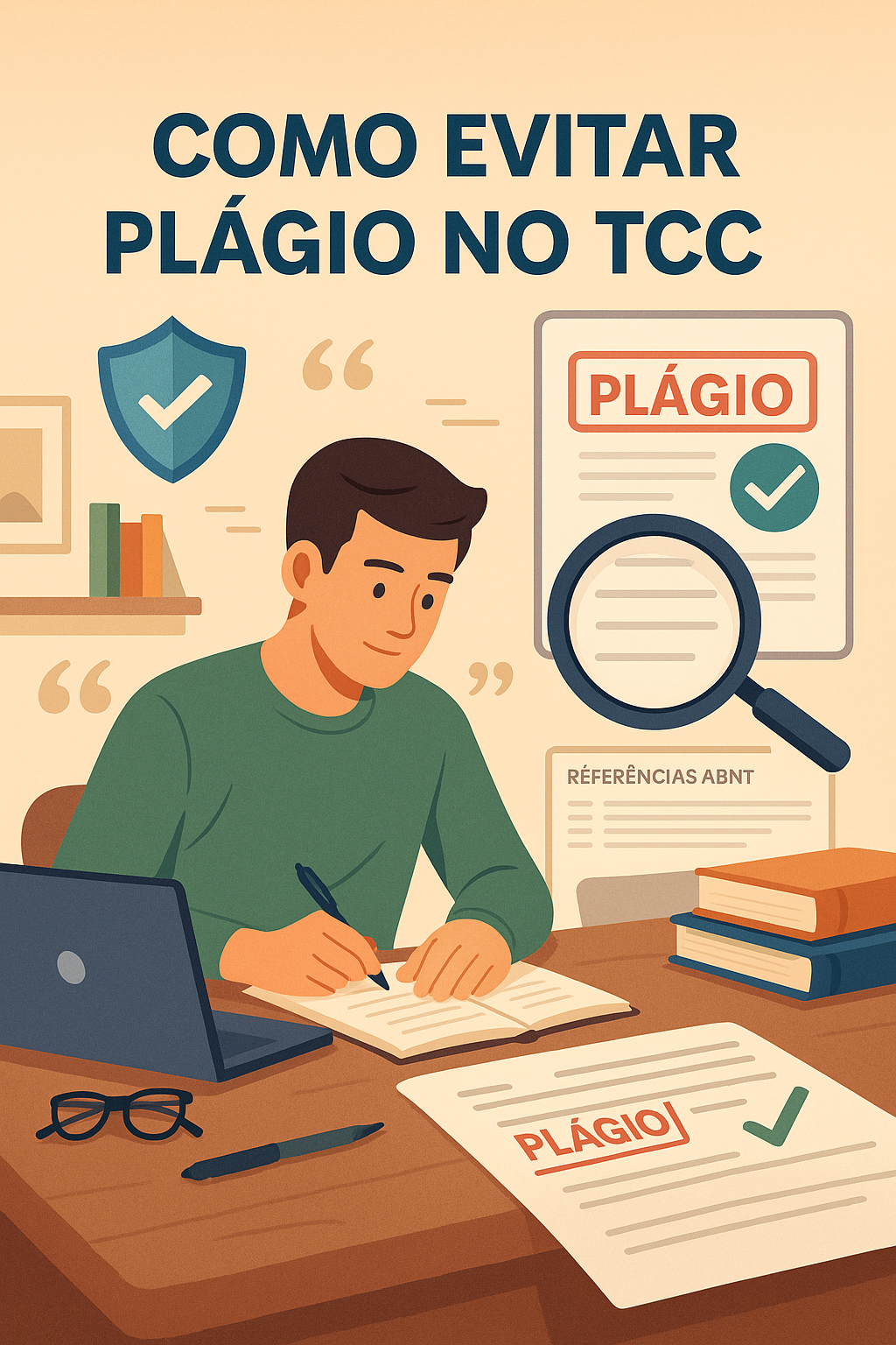 Estudante escrevendo o TCC com laptop, livros e lupa destacando plágio e citação correta; escudo com marca de seleção simbolizando integridade acadêmica e título 'Como Evitar Plágio no TCC'.