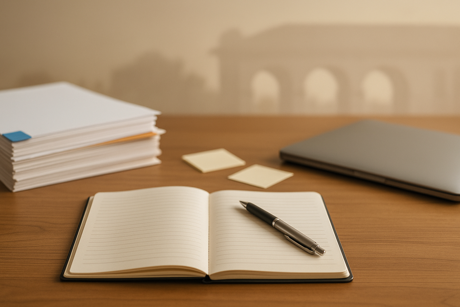 Open notebook and pen on a wooden desk beside a laptop and stacked papers — planning a college essay and personal statement